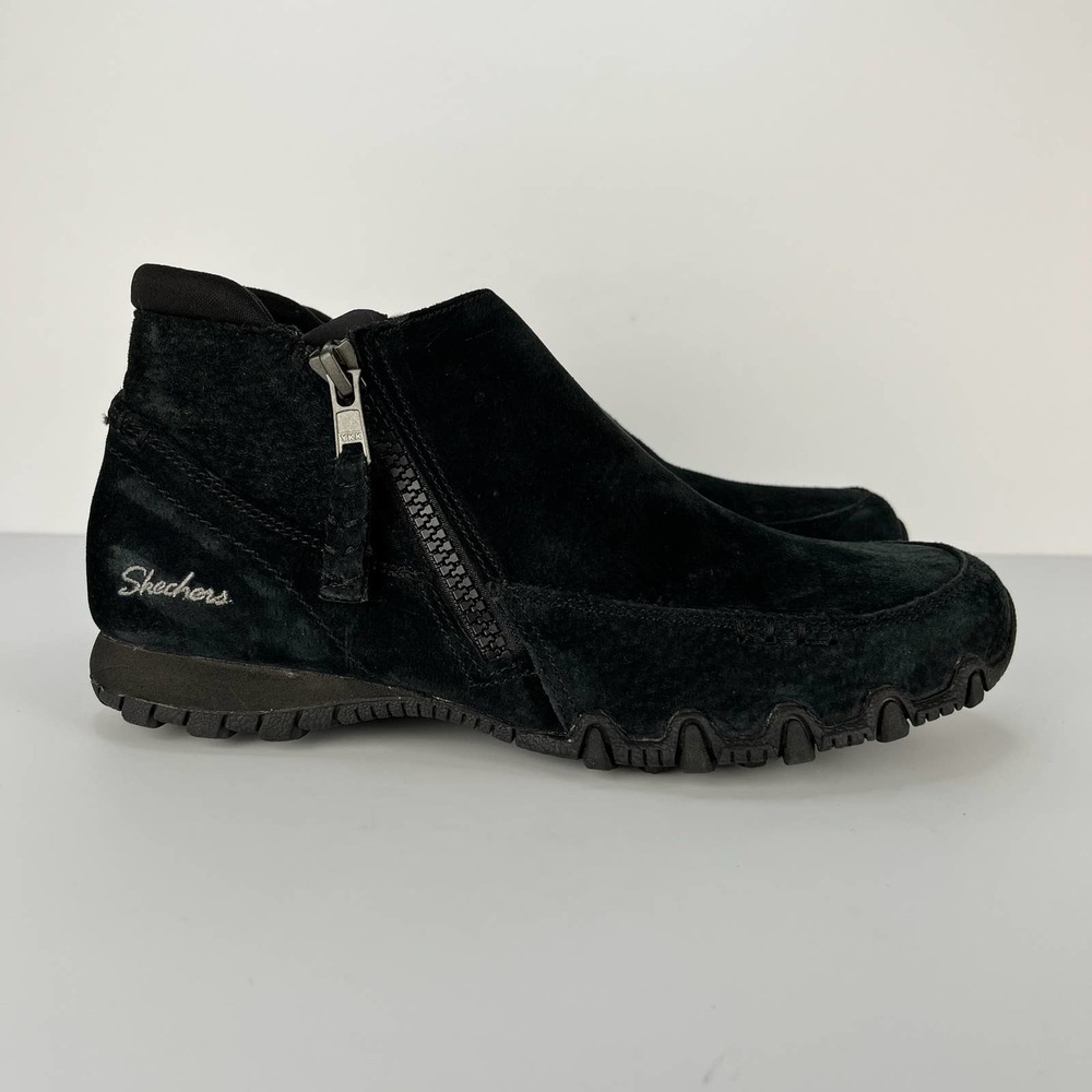 Skechers Biker Suede Ankle Boots Black Relax Fit Booties Womens Shoes Size 6.5